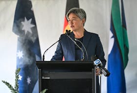 Australian Minister for Foreign Affairs Penny Wong speaks during a ceremony to mark the return of four significant cultural heritage items to the Kaurna People from the collection of the Grassi Museum in Leipzig, at Possum Park / Pirltawardli in Adelaide, Australia, May 3, 2024. Michael Errey/Pool via
