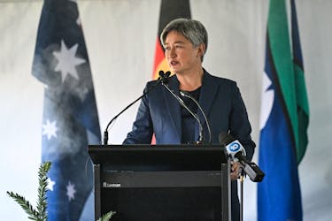 Australian Minister for Foreign Affairs Penny Wong speaks during a ceremony to mark the return of four significant cultural heritage items to the Kaurna People from the collection of the Grassi Museum in Leipzig, at Possum Park / Pirltawardli in Adelaide, Australia, May 3, 2024. Michael Errey/Pool via