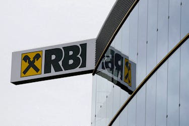 The logo of Raiffeisen Bank International (RBI) is pictured on its headquarters in Vienna, Austria March 13, 2019.  