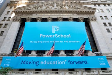 Signage for PowerSchool (NYSE:PWSC) is seen ahead of their Initial public offering (IPO) at the New York Stock Exchange (NYSE) in New York City, New York, U.S., July 28, 2021.