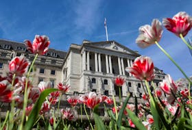 The Bank of England building is seen surrounded by flowers in London, Britain, May 8, 2024.