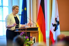 Governing Mayor of Berlin, Franziska Giffey, delivers a speech during the ceremony of granting honorary citizenship of Berlin to pianist and conductor Daniel Barenboim, at the 'Rotes Rathaus' town hall in Berlin, Germany, April 21, 2023.
