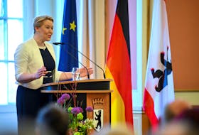Governing Mayor of Berlin, Franziska Giffey, delivers a speech during the ceremony of granting honorary citizenship of Berlin to pianist and conductor Daniel Barenboim, at the 'Rotes Rathaus' town hall in Berlin, Germany, April 21, 2023.