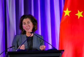 U.S. Secretary of Commerce Gina M. Raimondo speaks at the "Senior Chinese Leader Event" held by the National Committee on US-China Relations and the US-China Business Council on the sidelines of the Asia-Pacific Economic Cooperation (APEC) summit in San Francisco, California, U.S., November 15, 2023. 
