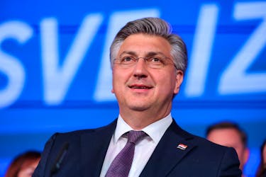 Andrej Plenkovic,  Prime Minister of Croatia, reacts to the preliminary results of the country's parliamentary election, in Zagreb, Croatia, April 18, 2024.