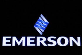 Emerson Electric Co is displayed on a screen on the floor at the New York Stock Exchange (NYSE) in New York, U.S., January 13, 2020.