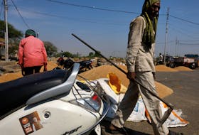 A sticker of India's Prime Minister Narendra Modi is pasted on a scooter at a wholesale grain market in Mathura, in the northern state of Uttar Pradesh, India, April 25, 2024.