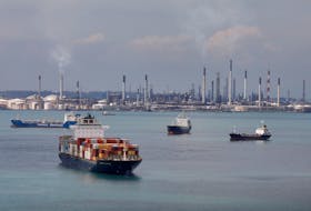 A container ship passes Shell's Pulau Bukom refinery in Singapore November 17, 2020. 