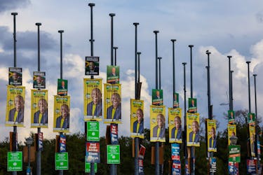 Election posters of different political parties are seen, as South Africa prepares for national and provincial elections to be held on May 29, in Pretoria, South Africa, April 5, 2024.