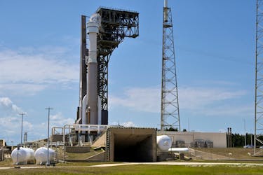 A United Launch Alliance Atlas V rocket stands on the pad the day after a launch attempt of two astronauts aboard Boeing's Starliner-1 Crew Flight Test (CFT) was delayed for technical issues prior to a mission to the International Space Station, in Cape Canaveral, Florida, U.S. May 7, 2024.