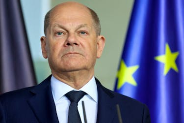 German Chancellor Olaf Scholz attends a joint press conference with Chairman of the Presidency of Bosnia and Herzegovina Denis Becirovic in Berlin, Germany, May 7, 2024.