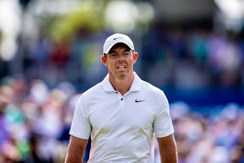 Apr 28, 2024; Avondale, Louisiana, USA; Rory McIlroy lines up a putt on the green on the 18th hole during the final round of the Zurich Classic of New Orleans golf tournament. Mandatory Credit: Stephen Lew-USA TODAY Sports