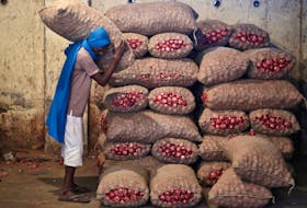 A labourer stacks a sack of onions in a storage room at a wholesale vegetable and fruit market in New Delhi July 2, 2014.