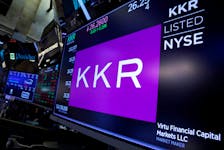 Trading information for KKR & Co is displayed on a screen on the floor of the New York Stock Exchange (NYSE) in New York, U.S., August 23, 2018.