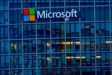 A view shows a Microsoft logo at Microsoft offices in Issy-les-Moulineaux near Paris, France, February 9, 2024.