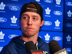 Toronto Maple Leafs Mitch Marner speaks to the media at the Ford Performance Centre on locker cleanup day.
