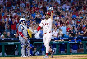 May 7, 2024; Philadelphia, Pennsylvania, USA; Philadelphia Phillies first base Bryce Harper (3) celebrates after hitting a Gand Slam home run during the fourth inning against the Toronto Blue Jays at Citizens Bank Park. Mandatory Credit: Bill Streicher-USA TODAY Sports