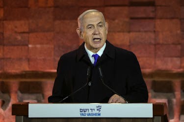 Israeli Prime Minister Benjamin Netanyahu speaks during the opening ceremony marking Israel's national Holocaust Remembrance Day at Yad Vashem, the World Holocaust Remembrance Center, in Jerusalem May 5, 2024.