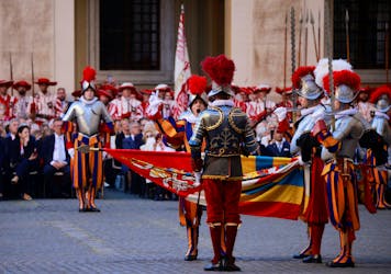 A new recruit of the Vatican's elite Swiss Guard attends the swearing-in ceremony at the Vatican, May 6, 2024.