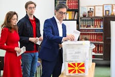 Ruling Social Democratic Union of Macedonia's presidential candidate and North Macedonia's President Stevo Pendarovski votes during the parliamentary elections and the second round of the presidential elections in Skopje, North Macedonia May 8, 2024.
