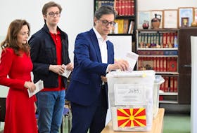 Ruling Social Democratic Union of Macedonia's presidential candidate and North Macedonia's President Stevo Pendarovski votes during the parliamentary elections and the second round of the presidential elections in Skopje, North Macedonia May 8, 2024.