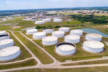 Crude oil storage tanks are seen in an aerial photograph at the Cushing oil hub in Cushing, Oklahoma, U.S. April 21, 2020.