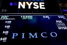 Ticker and trading information for Pacific Investment Management Co. (PIMCO) are displayed on a screen at the New York Stock Exchange (NYSE) in New York, U.S., April 5, 2018.