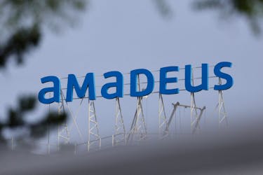 A view of the logo of Spanish IT Group Amadeus at its headquarters in Madrid, Spain, April 24, 2024.