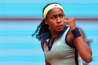 Tennis - Madrid Open - Park Manzanares, Madrid, Spain - April 29, 2024 Coco Gauff of the U.S. reacts during her round of 16  match against Madison Keys of the U.S.