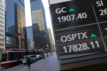 A screen shows a price of Canada's main stock index, the Toronto Stock Exchange's S&P/TSX composite index, as it rose to a record high in Toronto, Ontario, Canada January 7, 2021. 