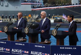 U.S. President Joe Biden, Australian Prime Minister Anthony Albanese and British Prime Minister Rishi Sunak deliver remarks on the Australia - United Kingdom - U.S. (AUKUS) partnership, after a trilateral meeting, at Naval Base Point Loma in San Diego, California U.S. March 13, 2023.