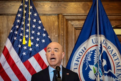 Department of Homeland Security (DHS) Secretary Alejandro Mayorkas speaks during a news conference regarding the Know2Protect program in New York City, U.S., April 17, 2024. 