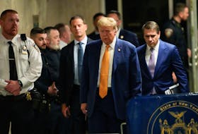 Former President Donald Trump arrives to speak to members of the media as he arrives at Manhattan criminal court, in New York City, U.S., May 7, 2024. Mary Altaffer/Pool via