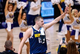 Apr 29, 2024; Denver, Colorado, USA; Denver Nuggets center Nikola Jokic (15) waves after the game against the Los Angeles Lakers in game five of the first round for the 2024 NBA playoffs at Ball Arena. Mandatory Credit: Isaiah J. Downing-USA TODAY Sports/File Photo