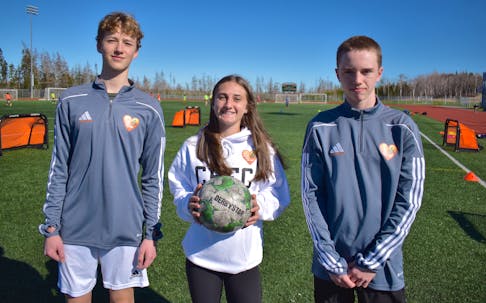 Cape Breton FC will have eight teams playing in the Nova Scotia Soccer League this season including the return of 'AAA' soccer at the under-17 level. Shown are members of the U17 boys’ and girls’ teams. From left, Kyle MacDonald, Ava MacDonald and Seth Peters. JEREMY FRASER/CAPE BRETON POST