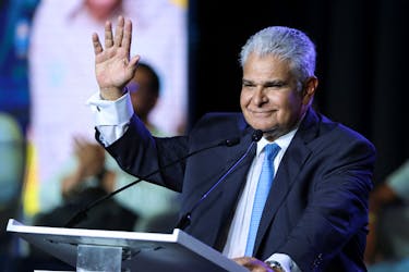 Presidential candidate Jose Raul Mulino of the Realizando Metas party reacts during a closing campaign rally ahead of the May 5 general election, in Panama City, Panama. April 28, 2024.