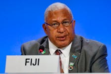 Fiji's Prime Minister Josaia Voreqe 'Frank' Bainimarama attends a meeting during the UN Climate Change Conference (COP26) in Glasgow, Scotland, Britain, November 2, 2021.