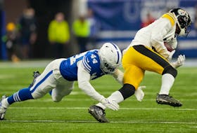 Dec 16, 2023; Indianapolis, Indiana, USA; Indianapolis Colts linebacker Zaire Franklin (44) misses a tackle on Pittsburgh Steelers wide receiver Allen Robinson II (11) during a game against the Pittsburgh Steelers at Lucas Oil Stadium. Mandatory Credit: Robert Scheer-USA TODAY Sports