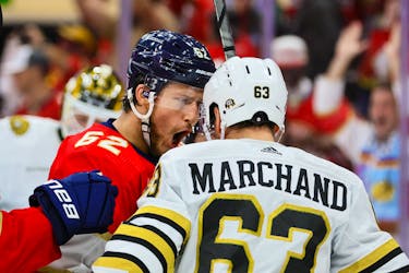 Florida Panthers defenceman Brandon Montour (62) celebrates in front of Boston Bruins left wing Brad Marchand (63) after scoring during the third period in game two of the second round of the 2024 Stanley Cup Playoffs at Amerant Bank Arena in Sunrise, Fla., on Wednesday, May 8, 2024. - Sam Navarro / USA TODAY Sports
