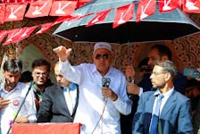 Farooq Abdullah, former Chief Minister of Jammu and Kashmir and President of Jammu and Kashmir National Conference party, addresses an election campaign rally ahead of the fourth phase of India's general election, in Srinagar, May 8, 2024.