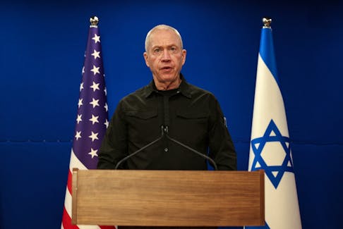 Israeli Defense Minister Yoav Gallant speaks during a joint press conference with U.S. Secretary of Defense Lloyd Austin at Israel's Ministry of Defense in Tel Aviv, Israel December 18, 2023.