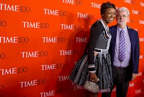 Director George Lucas and his wife Mellody Hobson arrive for the TIME 100 Gala in New York, April 21, 2015.  