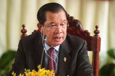 Hun Sen speaks at a press conference at the National Assembly after a vote to confirm his son, Hun Manet, as Cambodia's prime minister in Phnom Penh, Cambodia, August 22, 2023. 