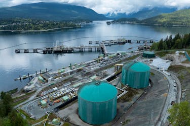 A drone view of three berths able to load vessels with oil is seen after their construction at Westridge Marine Terminal, the terminus of the Canadian government-owned Trans Mountain pipeline expansion project in Burnaby, British Columbia, Canada, April 26, 2024.