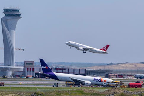 A general view of a FedEx Airlines Boeing 767 BA.N cargo plane, that landed at Istanbul Airport on Wednesday without deploying its front landing gear but managed to stay on the runway and avoid casualties, on a runway in Istanbul, Turkey, May 8, 2024.