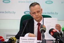 Tomasz Szmydt, a Polish judge who requested political asylum in Belarus, attends a press conference at the BelTA news agency in Minsk, Belarus May 6, 2024. BelTA/Maxim Guchek/Handout via