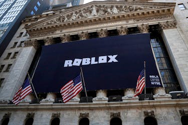 The Roblox logo is displayed on a banner, to celebrate the company's IPO, on the front facade of the New York Stock Exchange (NYSE) in New York, U.S., March 10, 2021.