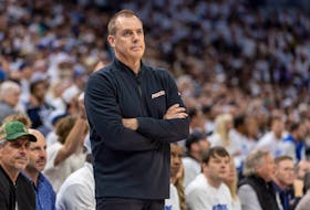 Apr 20, 2024; Minneapolis, Minnesota, USA; Phoenix Suns head coach Frank Vogel looks on against the Minnesota Timberwolves in the first half during game one of the first round for the 2024 NBA playoffs at Target Center. Mandatory Credit: Jesse Johnson-USA TODAY Sports/File Photo