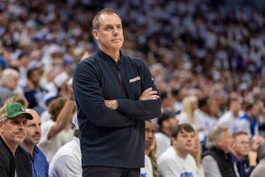 Apr 20, 2024; Minneapolis, Minnesota, USA; Phoenix Suns head coach Frank Vogel looks on against the Minnesota Timberwolves in the first half during game one of the first round for the 2024 NBA playoffs at Target Center. Mandatory Credit: Jesse Johnson-USA TODAY Sports/File Photo