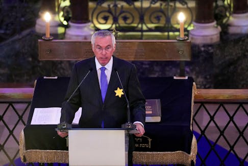 Israeli Ambassador to U.S. Michael Herzog takes part in the commemoration of the 80th anniversary of the Warsaw Ghetto Uprising, at the Nozyk Synagogue in Warsaw, Poland, April 19, 2023.